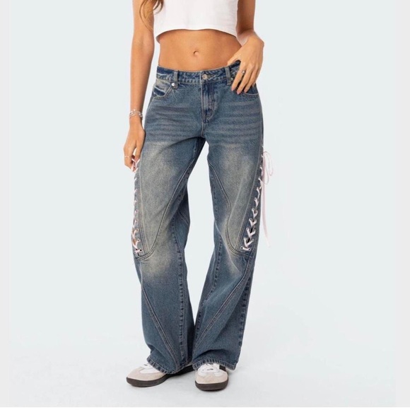 Edikted Blue Flare Jeans with Pink Lace-Up Detail - Picture 1 of 5